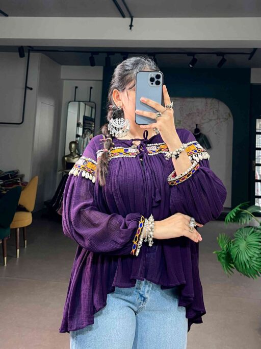 Purple Kutchi Work Tunic Top for Women with Kedia Lace Neck and Sleeve Design