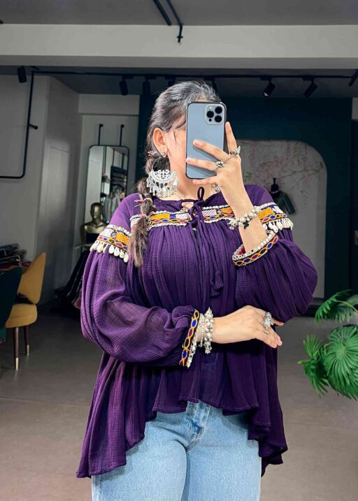Purple Kutchi Work Tunic Top for Women with Kedia Lace Neck and Sleeve Design