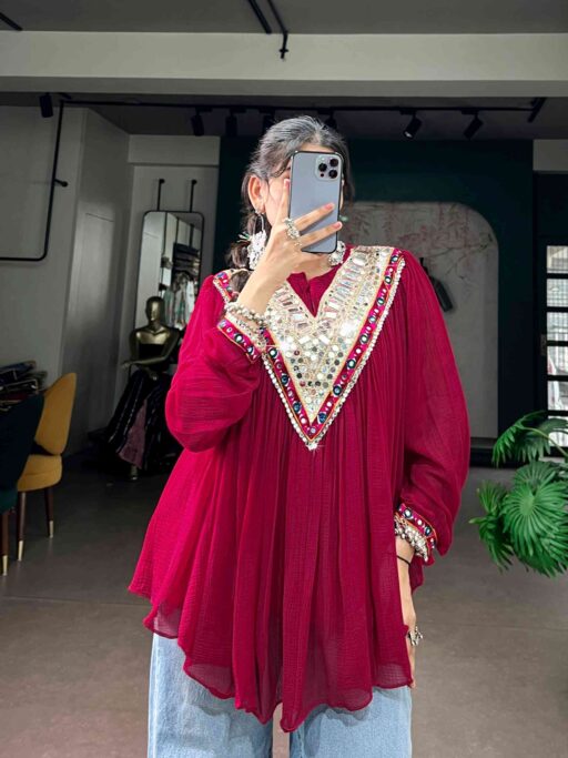 Red Designer V Neck Tunic Top for Navratri