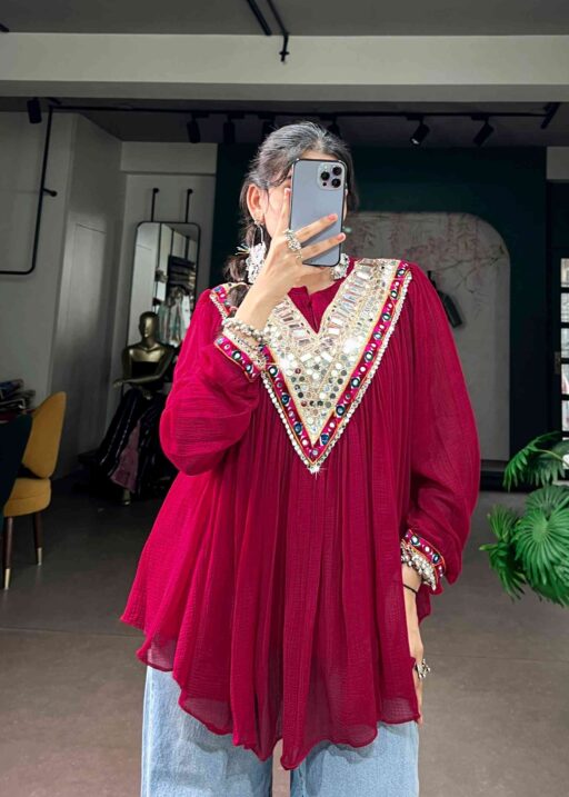 Red Designer V Neck Tunic Top for Navratri