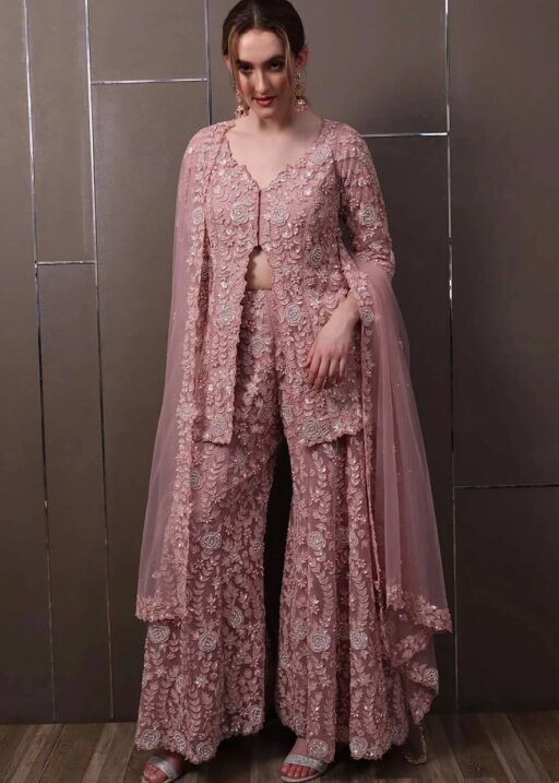 Rose Pink Slit Cut Embroidery Sharara Set