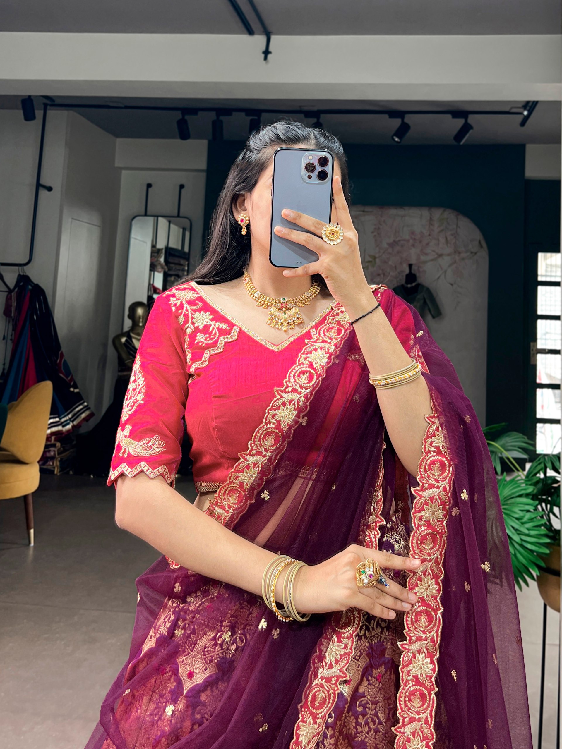 Wine Color Wedding Special Jacquard Silk Lehenga Choli - Image 3