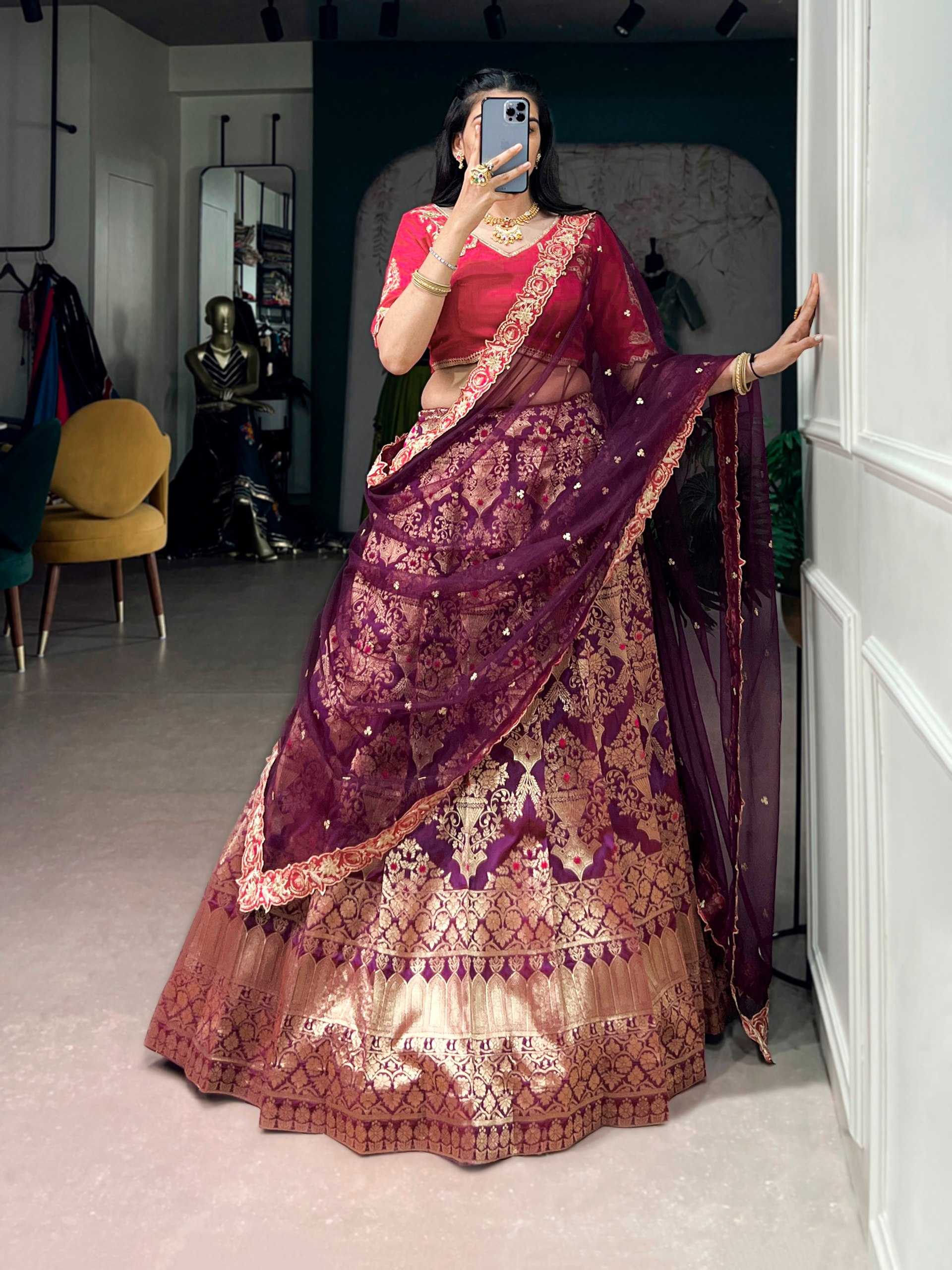 Wine Color Wedding Special Jacquard Silk Lehenga Choli - Image 2