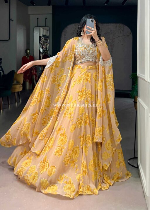 Yellow Color Floral Lehenga Choli with Cape Dupatta