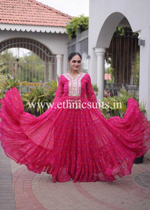 Laheriya Printed Kutch work Gown Pink Color