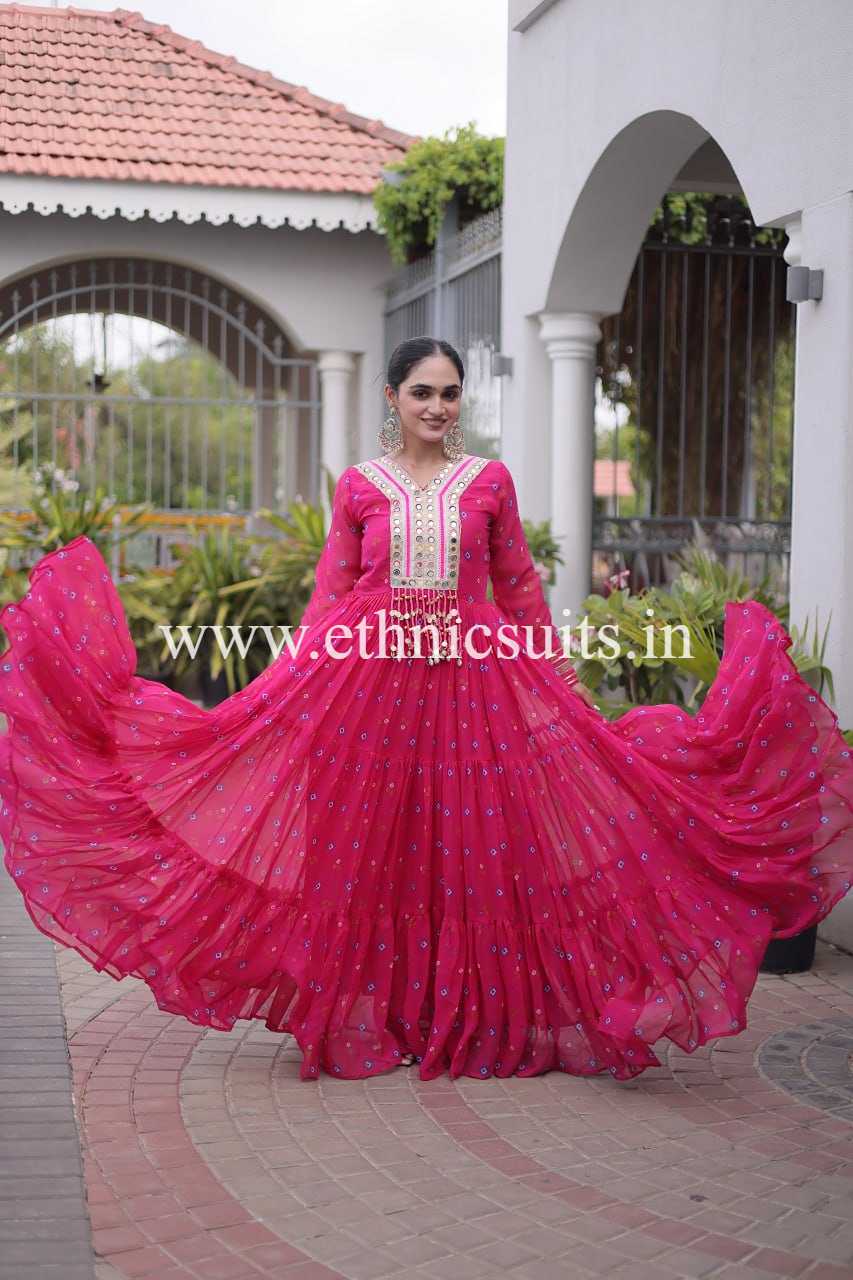 Laheriya Printed Kutch work Gown Pink Color