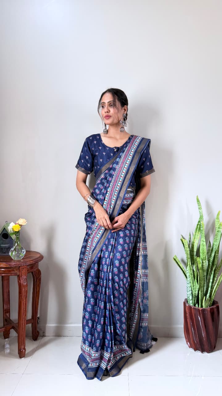 Cotton Silk Zip and go Saree Blue - Image 2