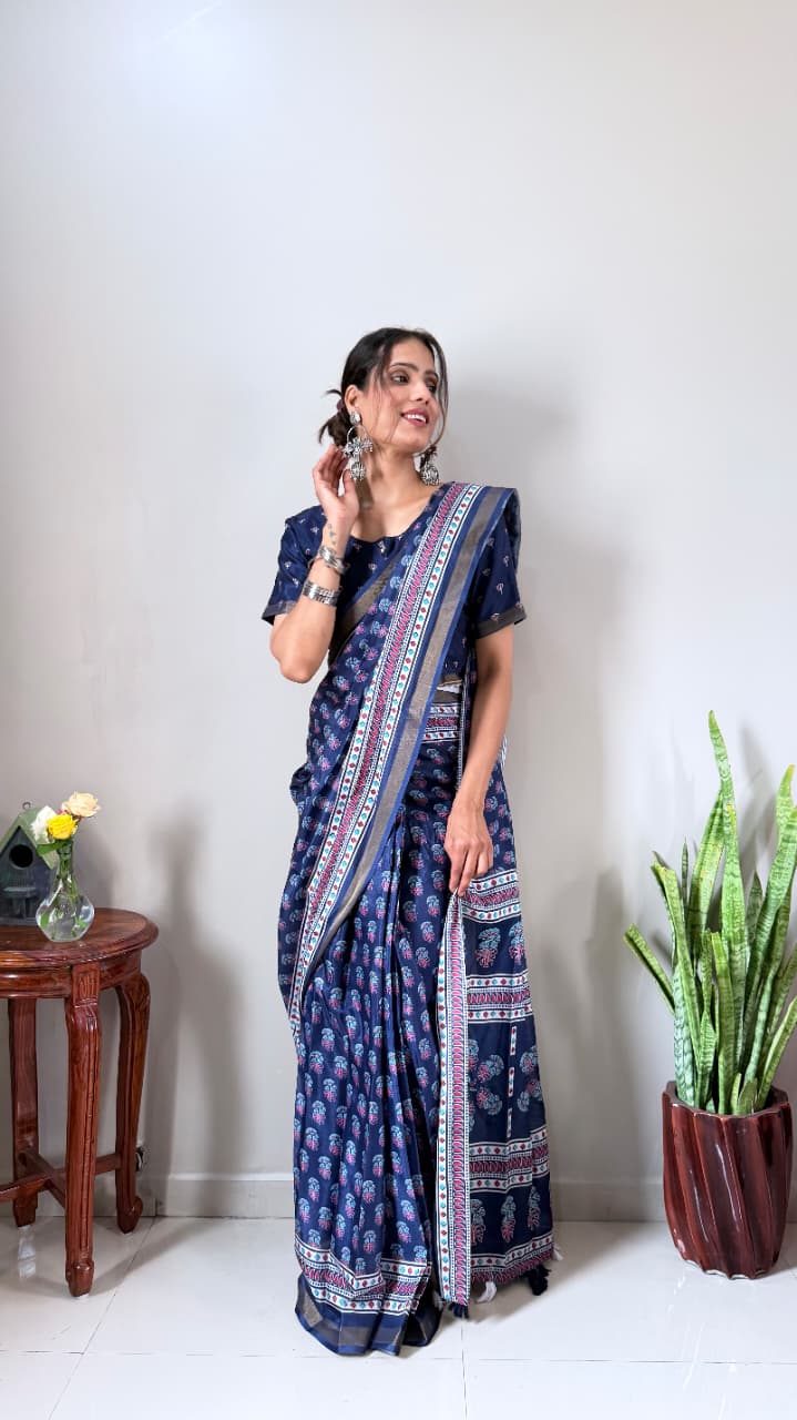 Cotton Silk Zip and go Saree Blue - Image 3