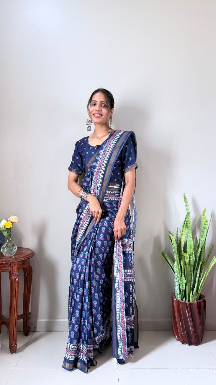 Cotton Silk Zip and go Saree Blue - Image 4