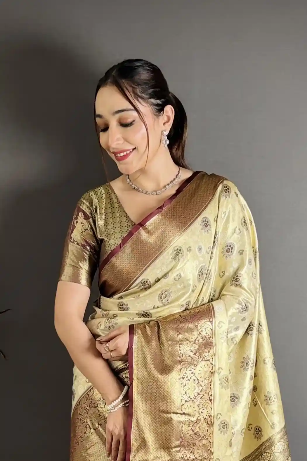 Cream and Maroon Contrast Kanjivaram silk Saree - Image 2