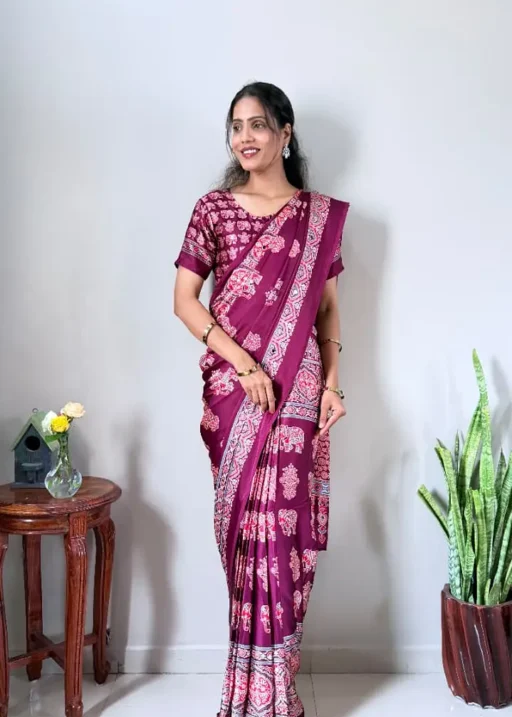 trending zip and go Saree with readymade design in maroon color