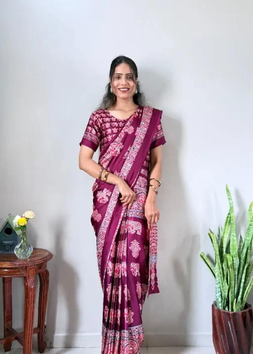 zip and go saree in maroon color with mirror work and print