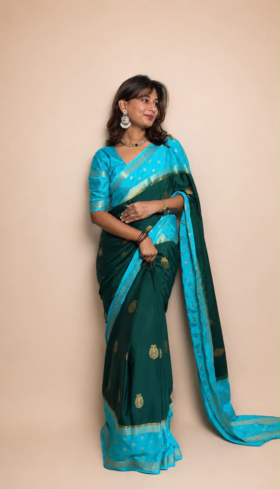 Green and Blue Zip and Go Saree in Mysore Silk