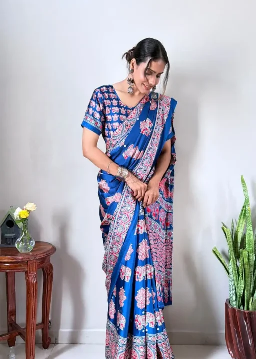 zip and go mirror work saree with print