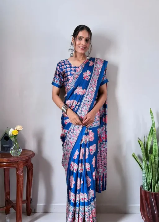 crepe silk mirror work zip and go saree