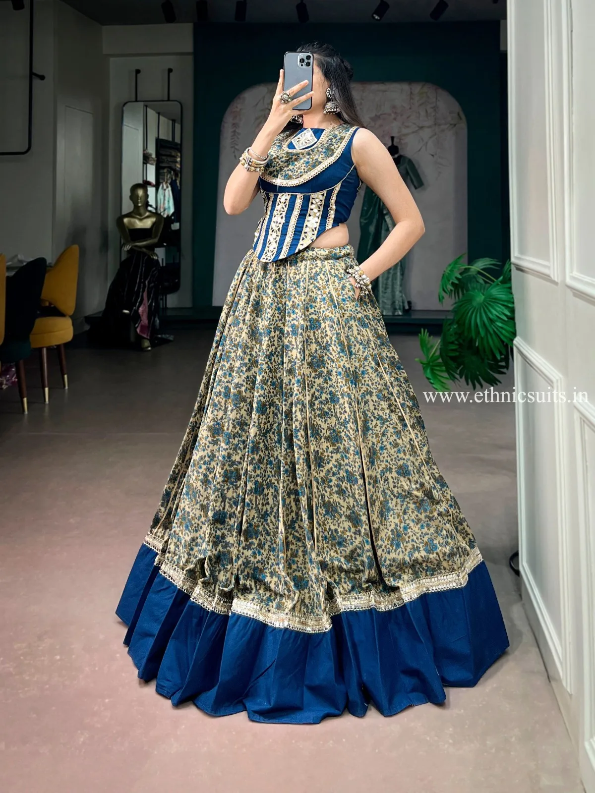 Navy Blue Printed Co ord Set for Navratri - Image 3