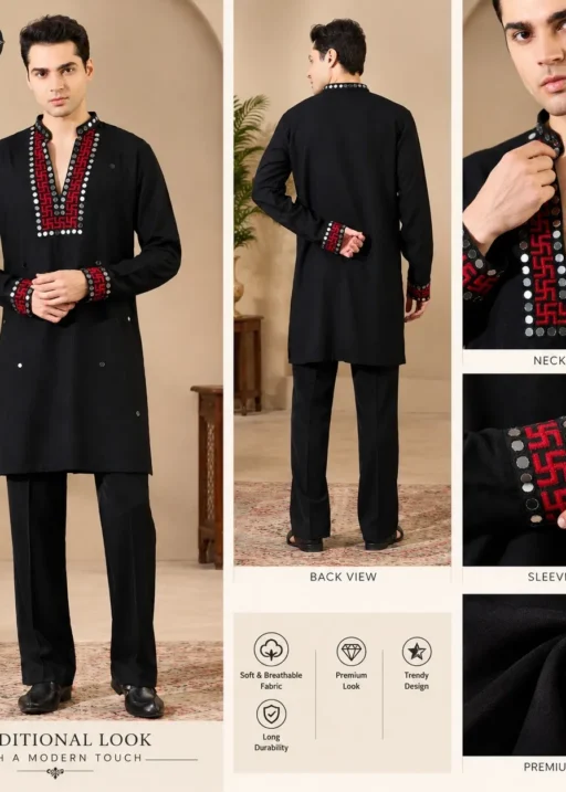 Black Mens Kurta Ijar for Navratri with Swastik Embroidery