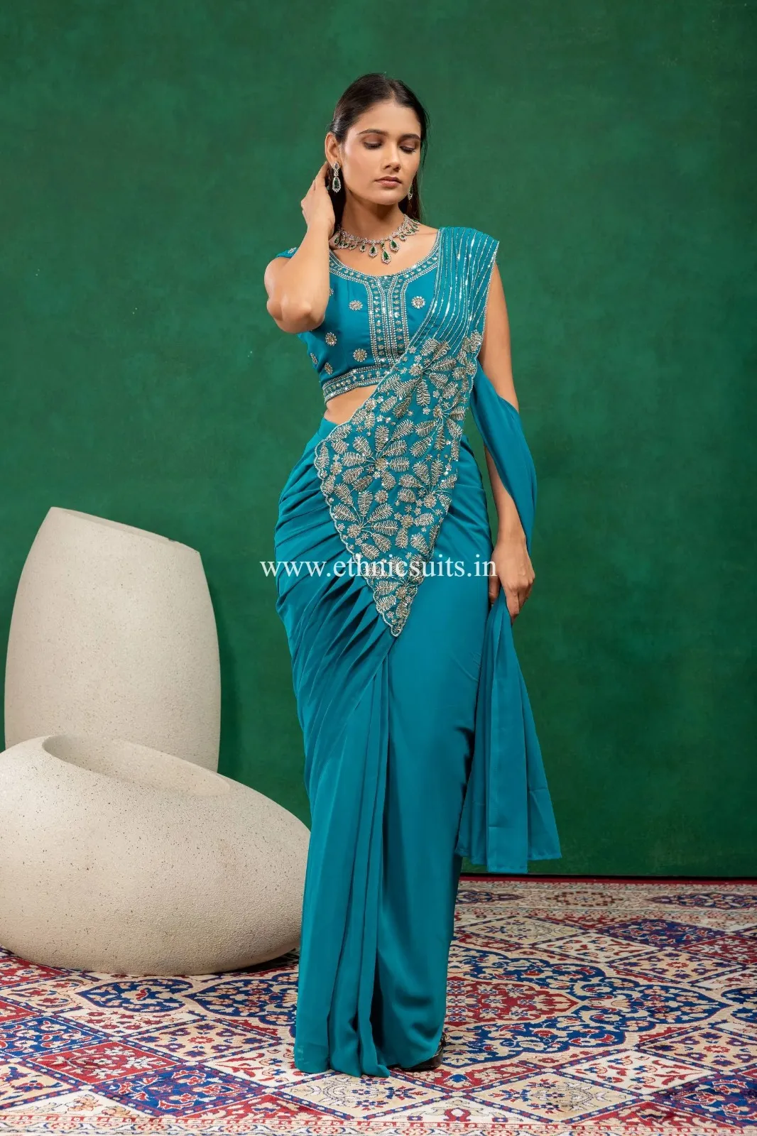 Blue Wedding Special Ready to Wear Saree - Image 5