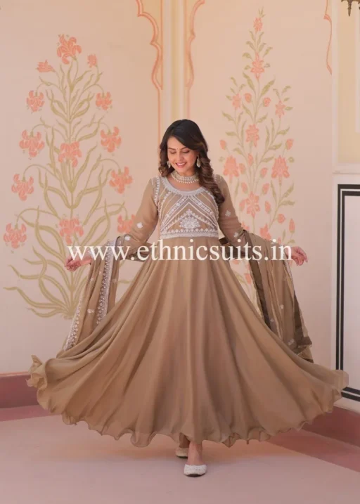 Brown Color Beads Work Readymade Dress