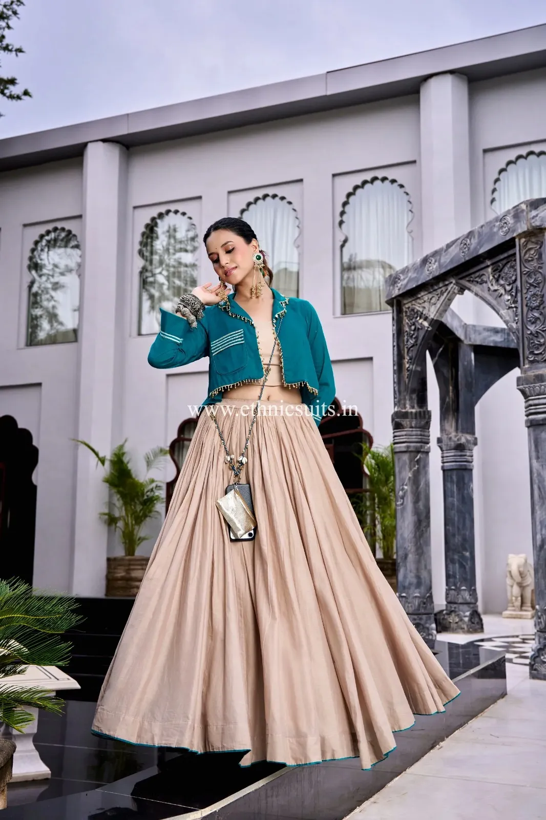 Creme Color Plain Chaniya Choli with Boho Jacket - Image 4