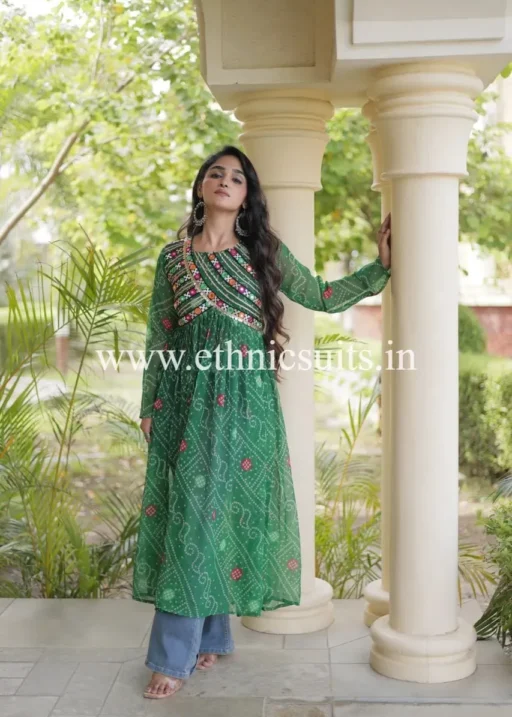 Green Color Kutchi Work Bandhani Printed Kurti