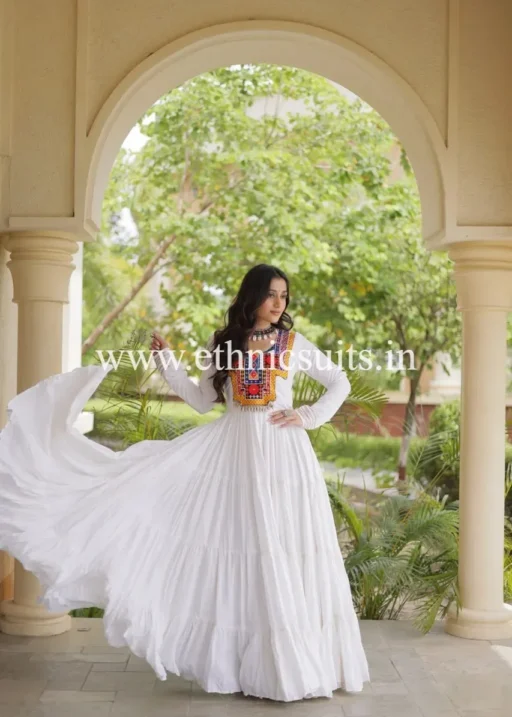 white anarkali with Multi Color Thread gamthi Embroidery, 12 mtr Flair