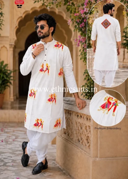 Kutchi Work White Navratri Mens Dhoti Kurta