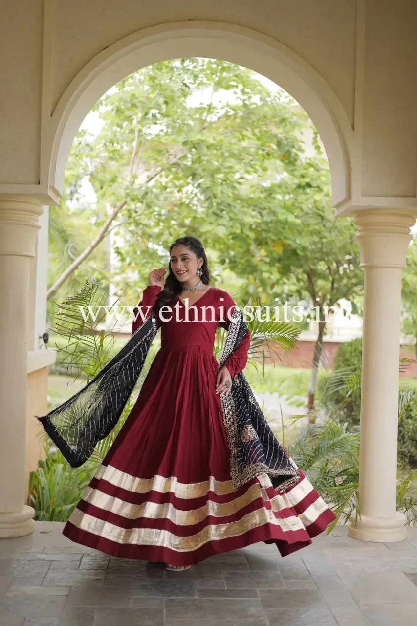 Marron Plain gown with Laheriya printed Dupatta - Image 2