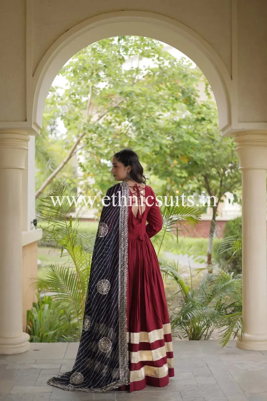 Marron Plain gown with Laheriya printed Dupatta - Image 3