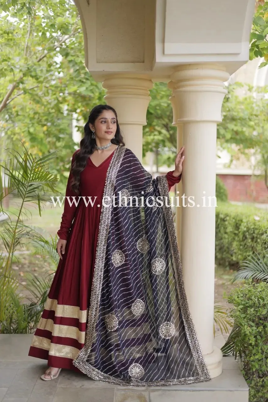 Marron Plain gown with Laheriya printed Dupatta - Image 4