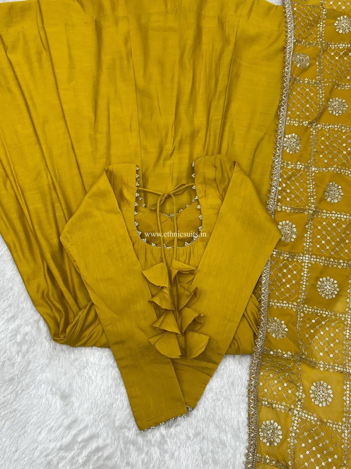 Mustard Yellow Anarkali with Heavy worked Dupatta - Image 2