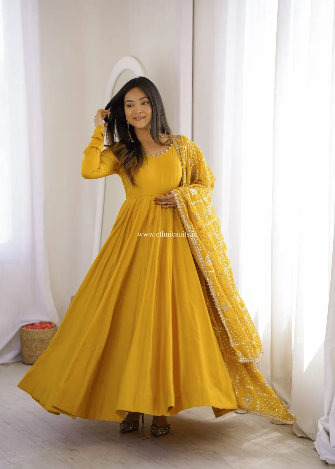 Mustard Yellow Anarkali with Heavy worked Dupatta - Image 3