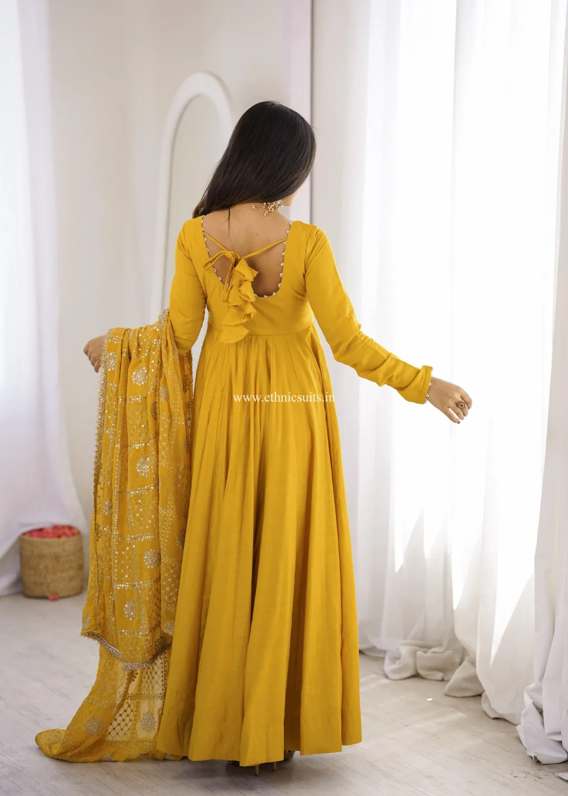 Mustard Yellow Anarkali with Heavy worked Dupatta - Image 4