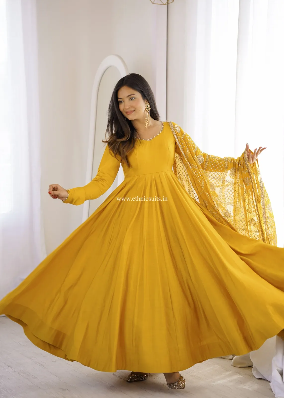 Mustard Yellow Anarkali with Heavy worked Dupatta - Image 5