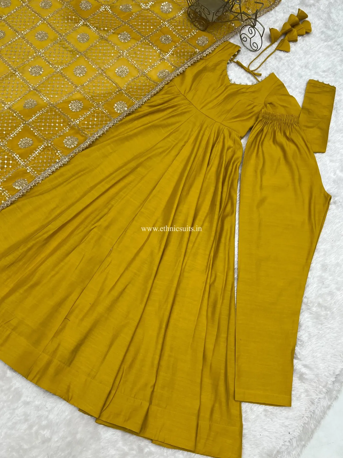 Mustard Yellow Anarkali with Heavy worked Dupatta - Image 6