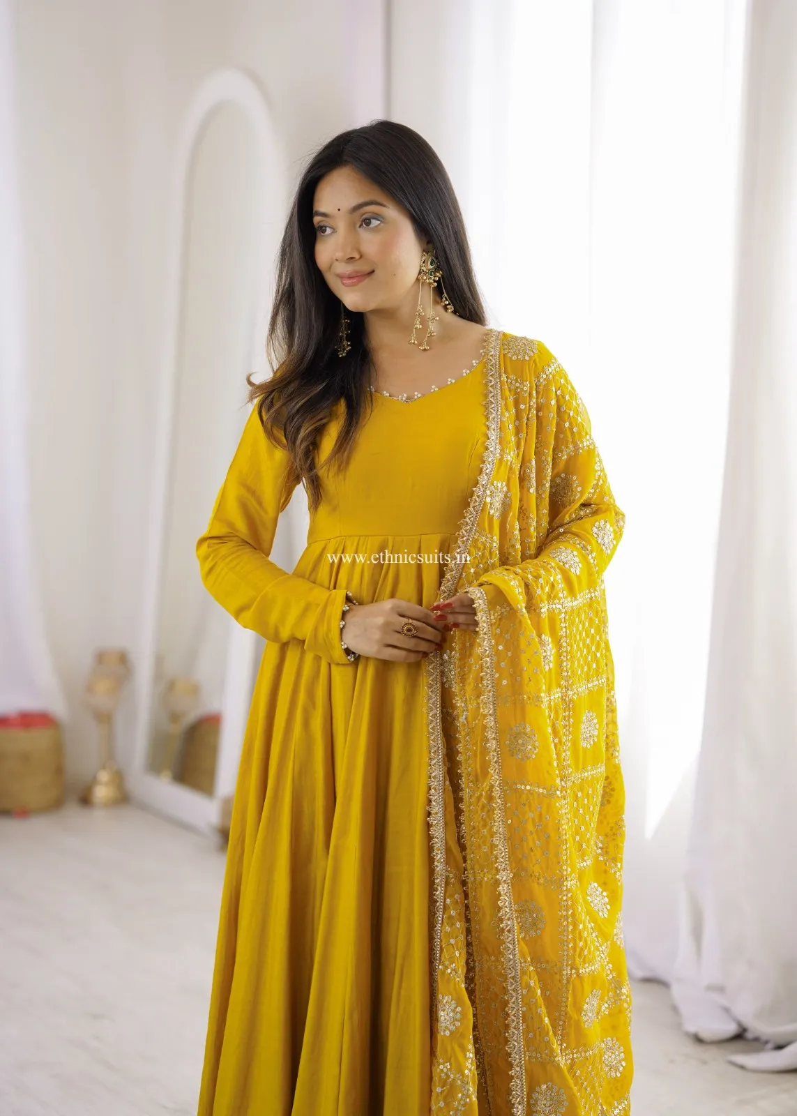 Mustard Yellow Anarkali with Heavy worked Dupatta - Image 7