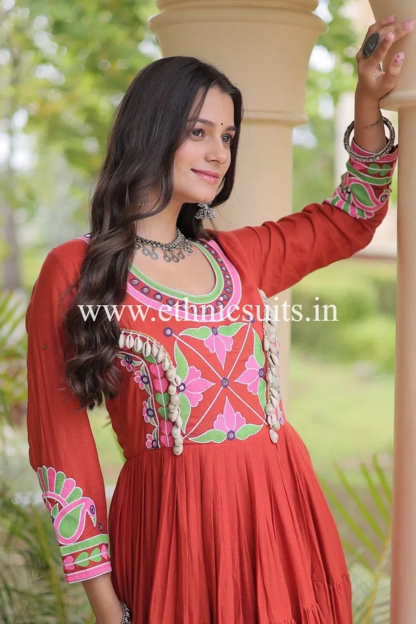 Orange Color Kutchi Work Gown - Image 3