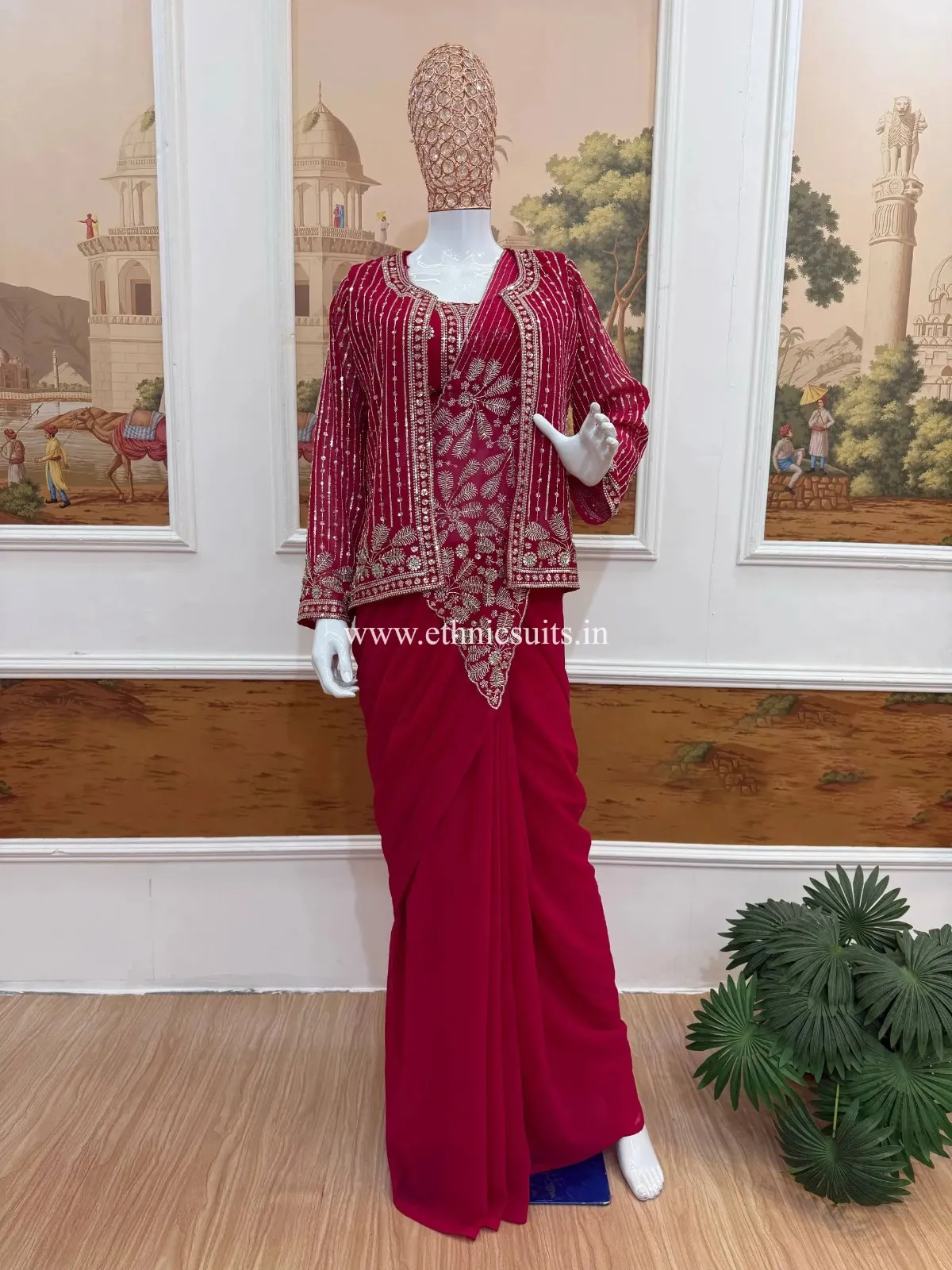 Rani Pink Ready to Wear Saree with Jacket - Image 3