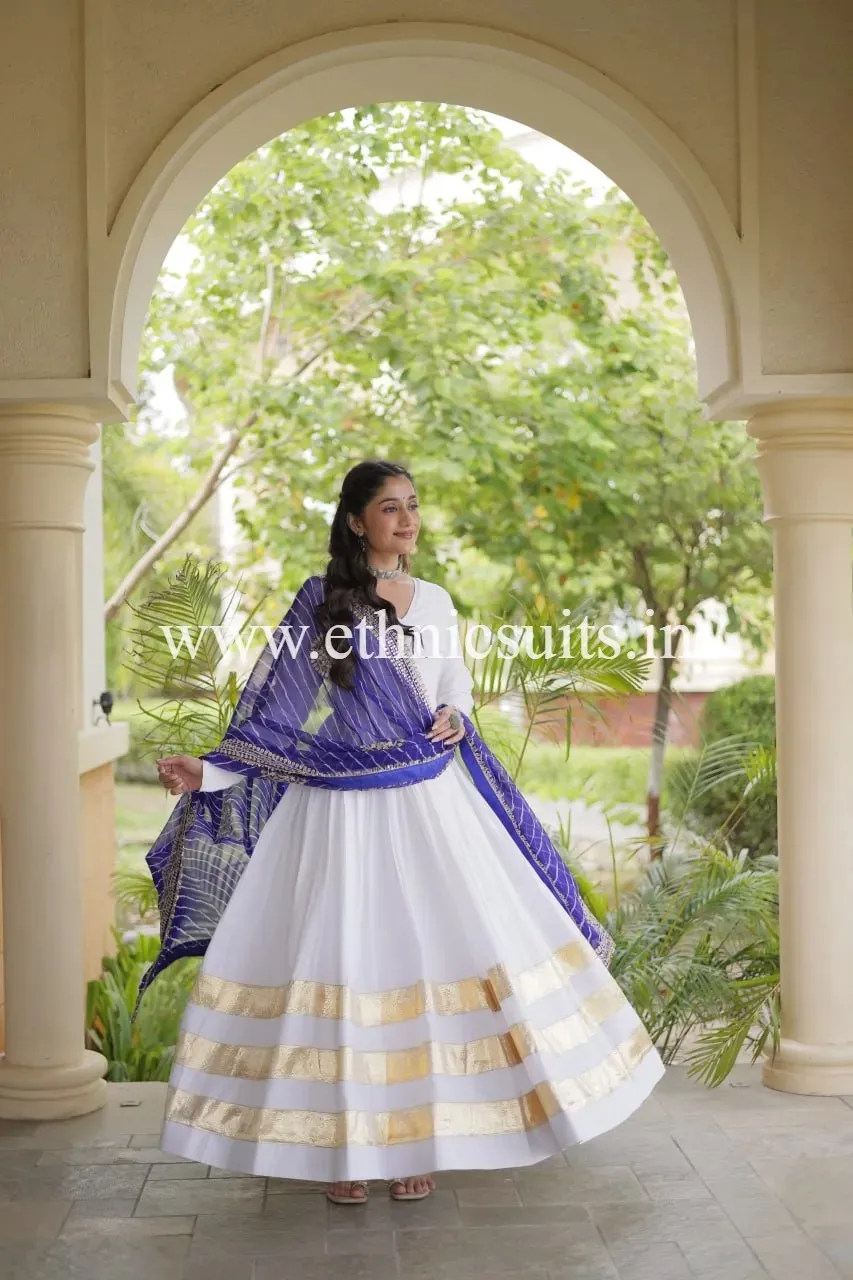 White Gown with Blue Lahriya Printed Dupatta - Image 2