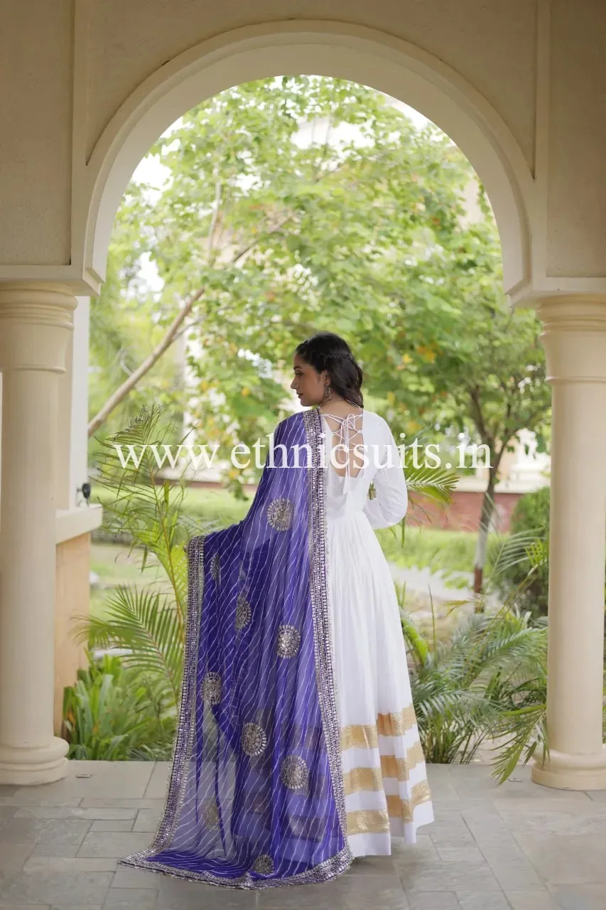White Gown with Blue Lahriya Printed Dupatta - Image 3