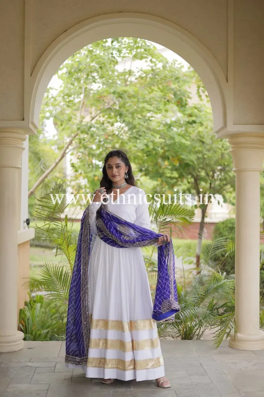 White Gown with Blue Lahriya Printed Dupatta - Image 4