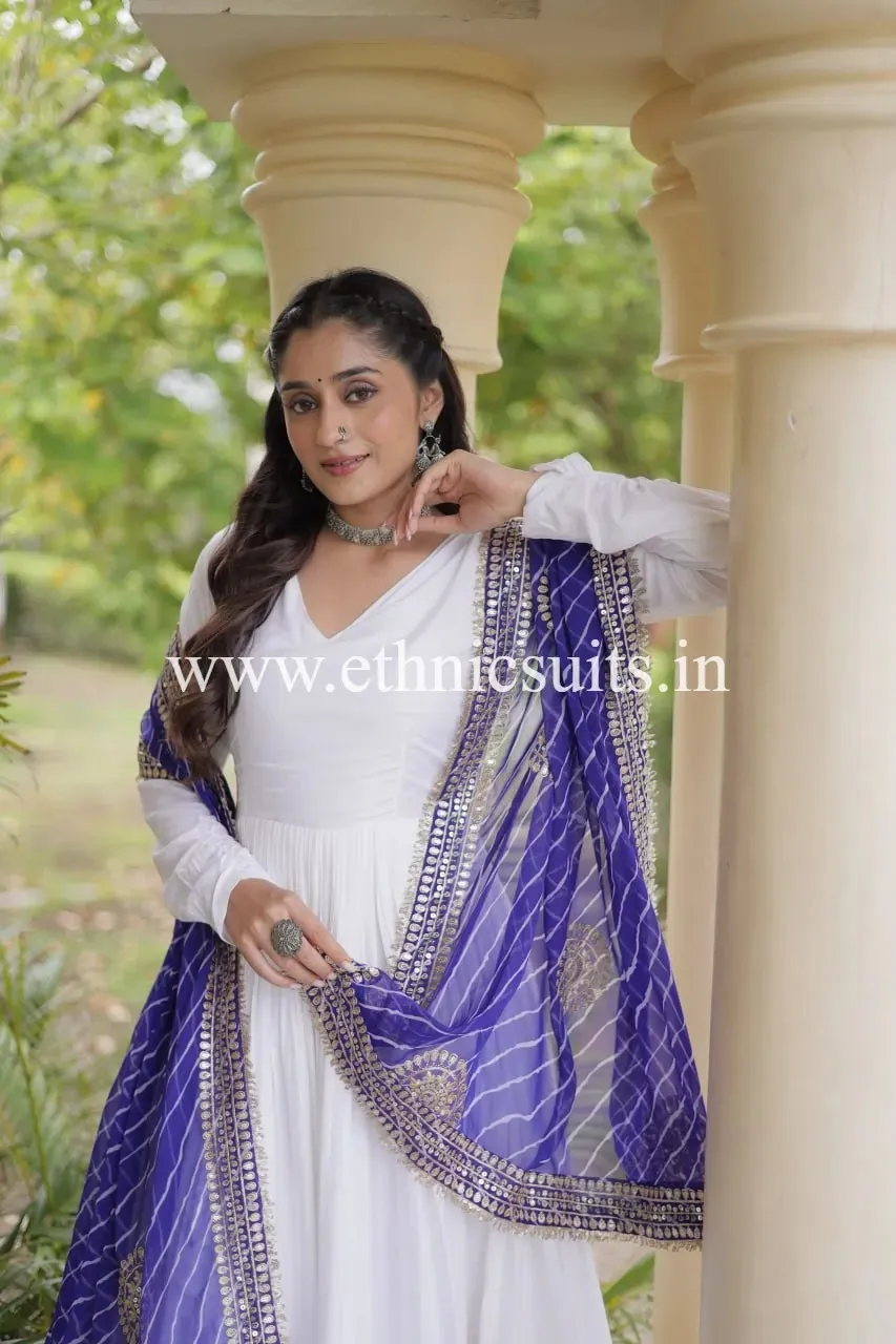 White Gown with Blue Lahriya Printed Dupatta - Image 5
