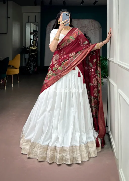 White Kanjivaram Lehenga with Printed Dupatta