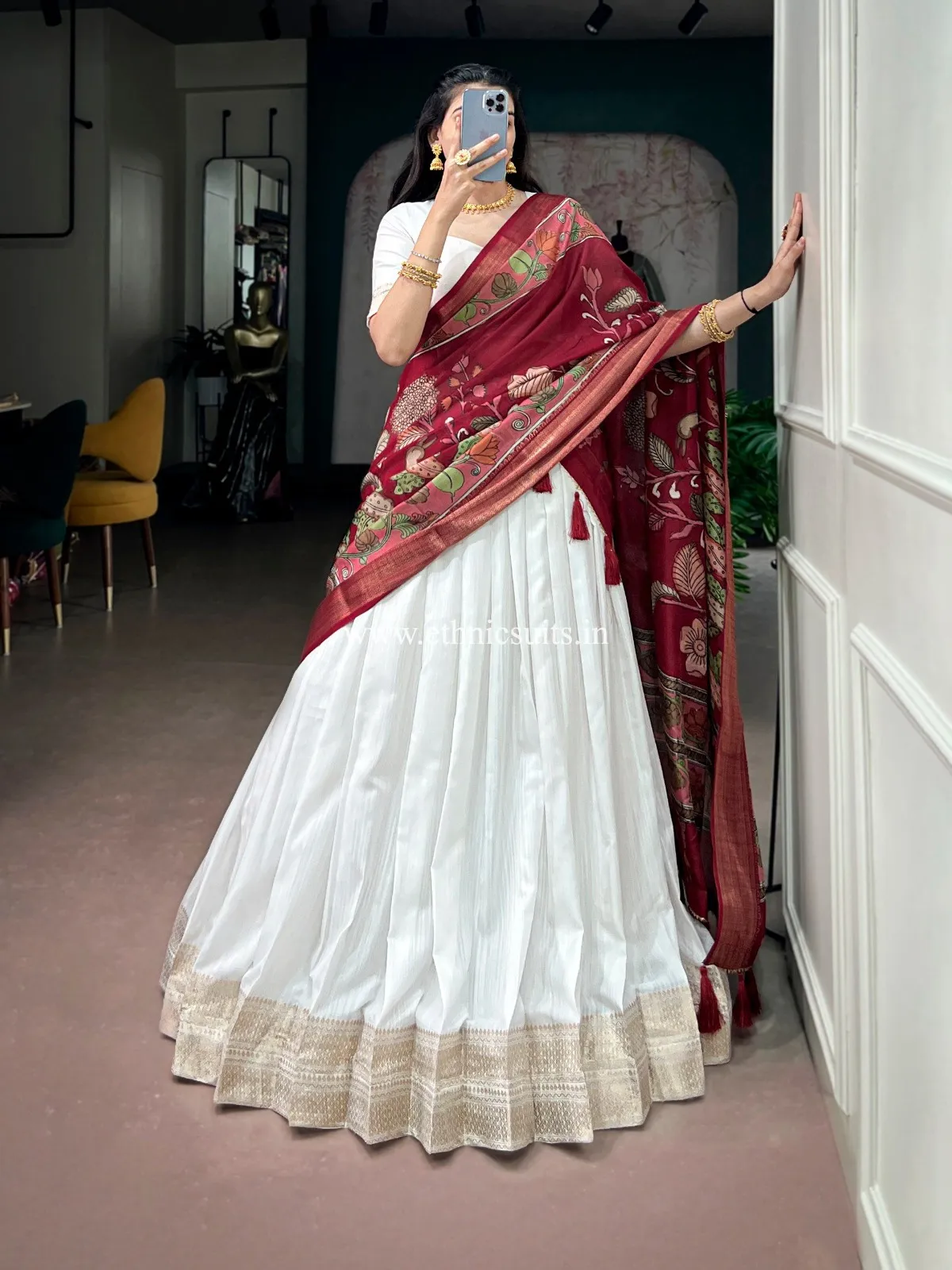 White Kanjivaram Lehenga with Printed Dupatta