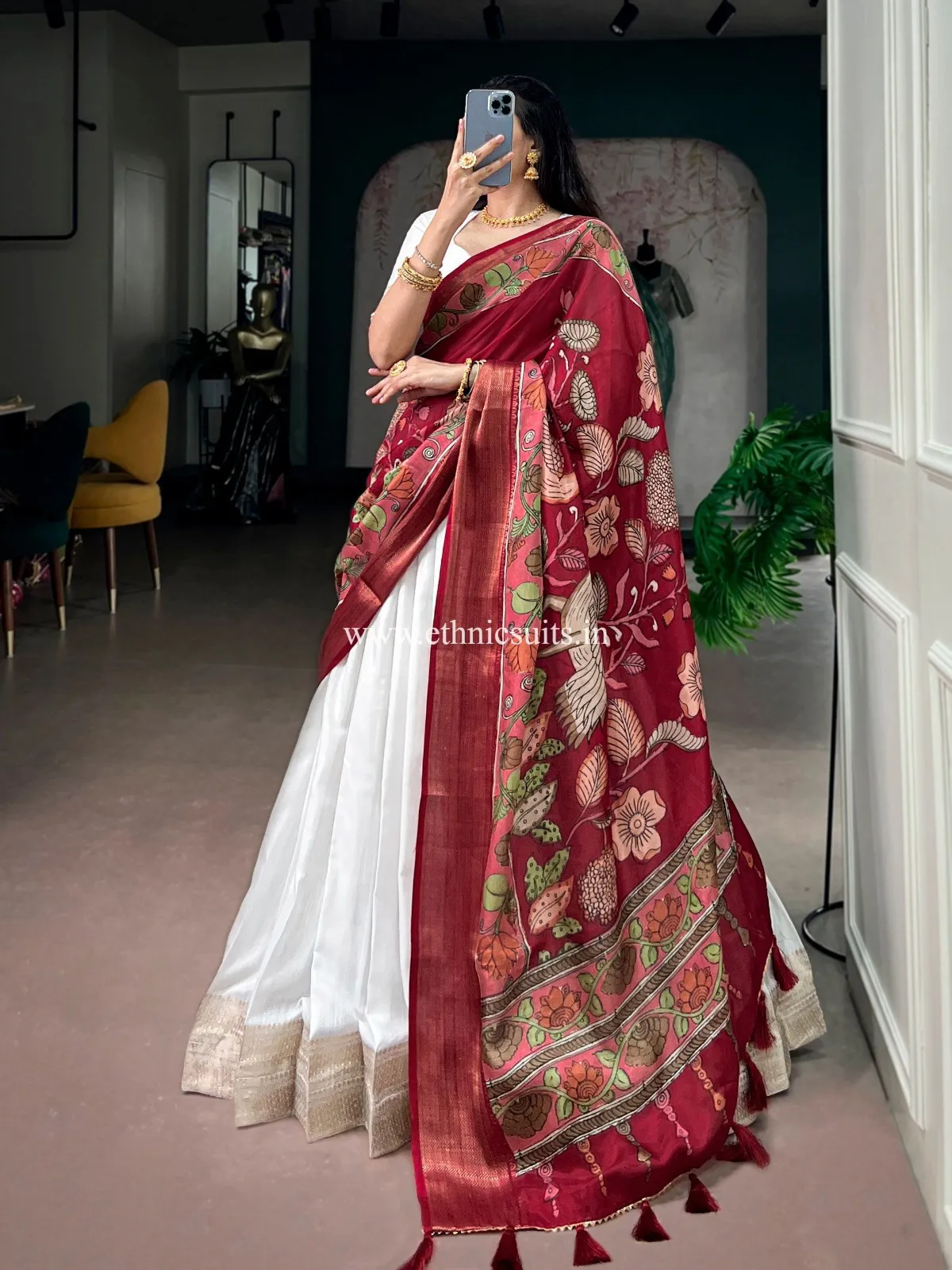 White Kanjivaram Lehenga with Printed Dupatta - Image 2