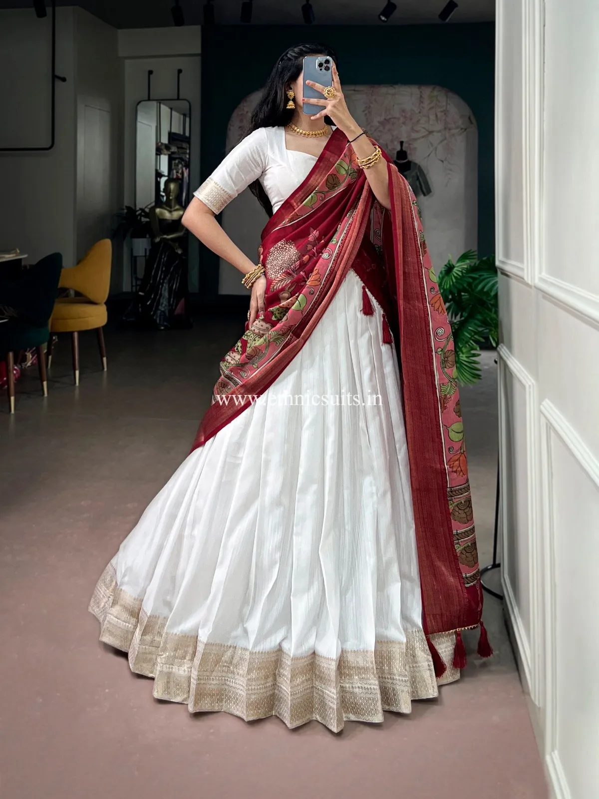 White Kanjivaram Lehenga with Printed Dupatta - Image 3