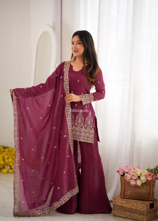 Burgundy Color Wedding Wear Bell Bottom Salwar Suit With Heavy Embroidery Perfect Design to wear in wedding, parties and Festive Wear