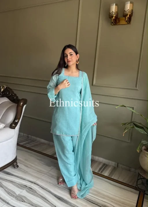 Pastel Blue Color Silk Farsi Salwar Suit Perfect Design for Wedding and Party Wear Minimal Design with short length top and farsi salwar with lace work dupatta