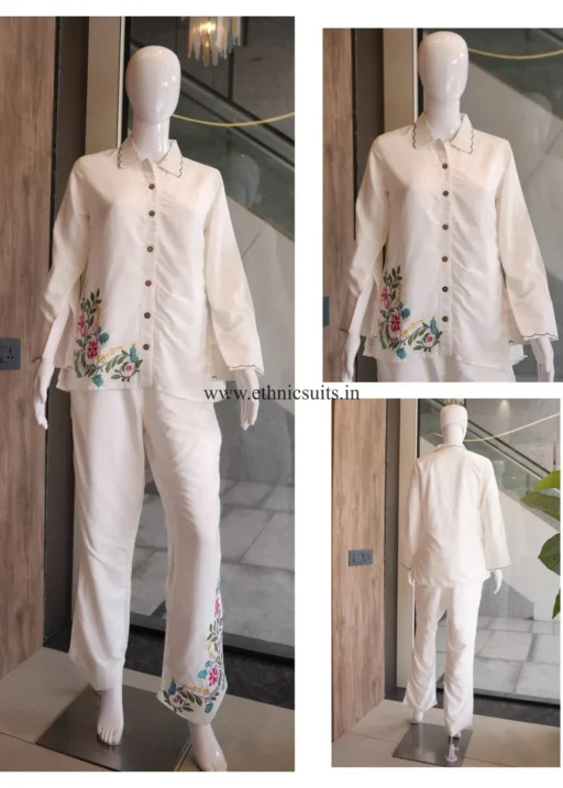 Creme Color Embroidered Airport Look Co Ord Set, Designed with Floral Embroidery work and comfortable wear