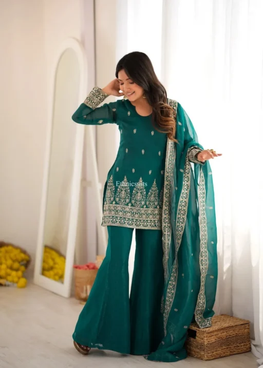 Women got Ready for Wedding Wearing Green Color Bell Bottom Salwar Suit, has Embroidery work